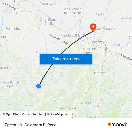 Zocca to Calderara Di Reno map