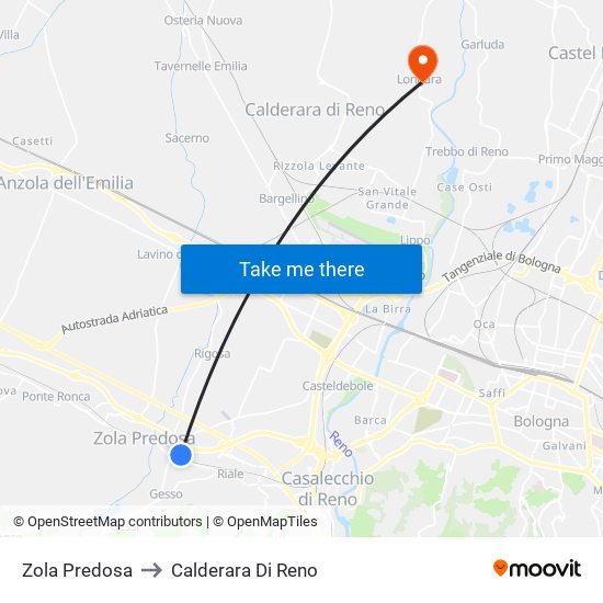 Zola Predosa to Calderara Di Reno map