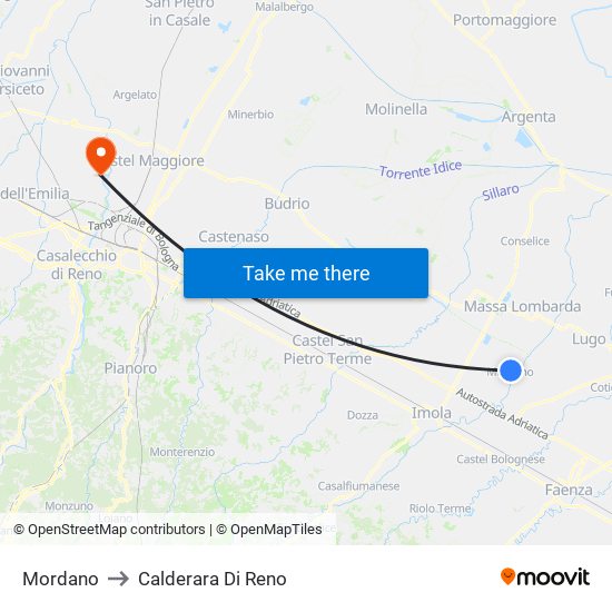 Mordano to Calderara Di Reno map