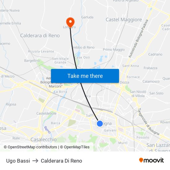 Ugo Bassi to Calderara Di Reno map