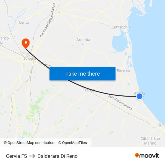 Cervia FS to Calderara Di Reno map