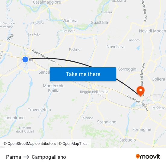 Parma to Campogalliano map