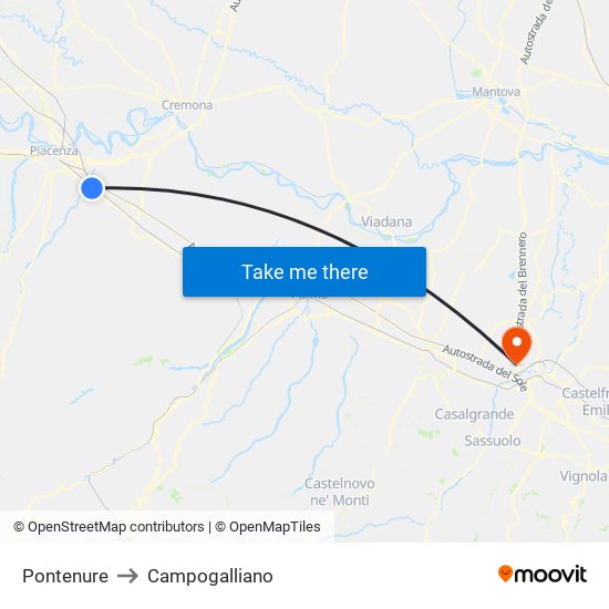 Pontenure to Campogalliano map