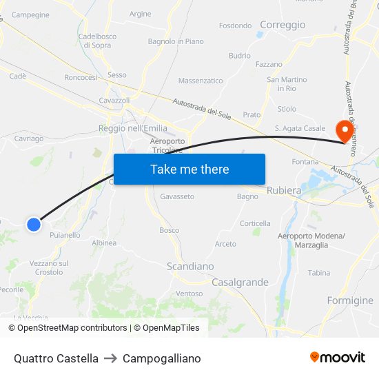 Quattro Castella to Campogalliano map