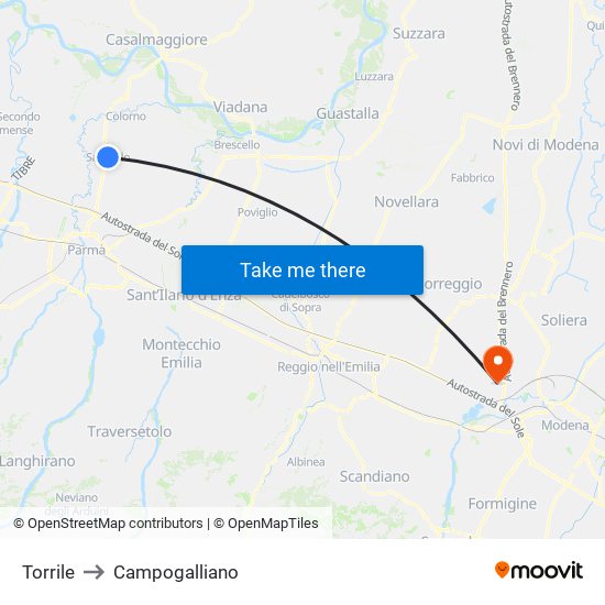 Torrile to Campogalliano map