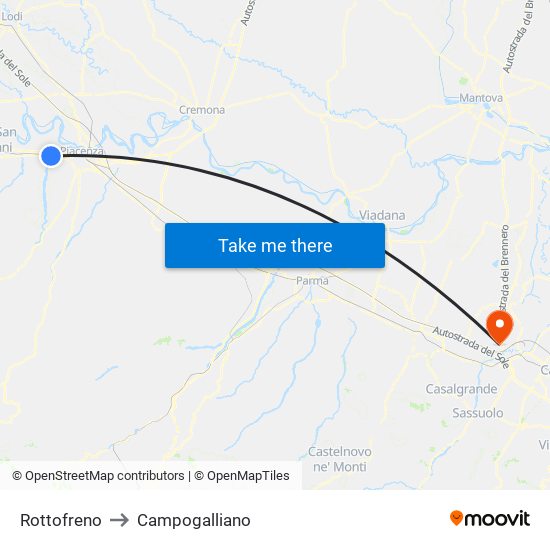 Rottofreno to Campogalliano map