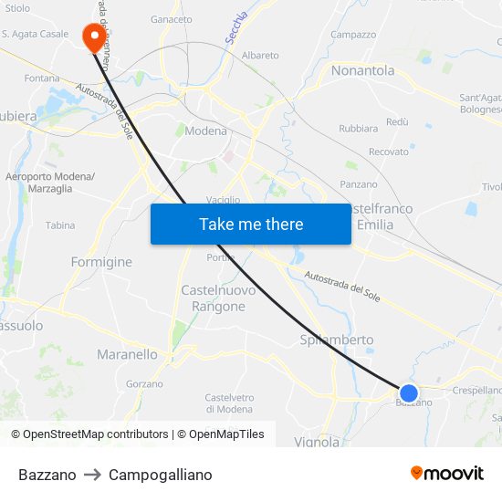 Bazzano to Campogalliano map