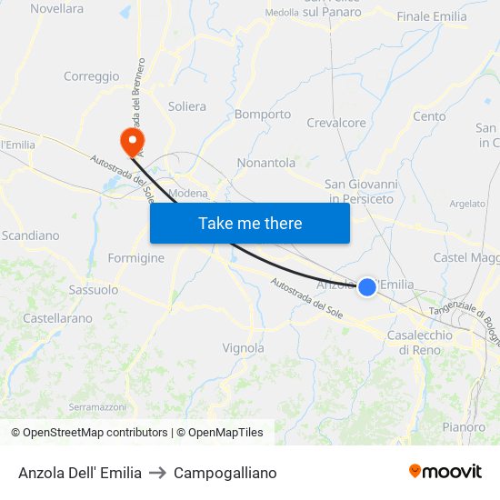 Anzola Dell' Emilia to Campogalliano map