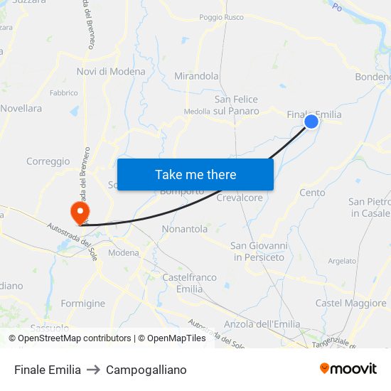 Finale Emilia to Campogalliano map