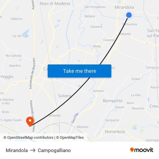 Mirandola to Campogalliano map