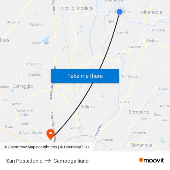 San Possidonio to Campogalliano map