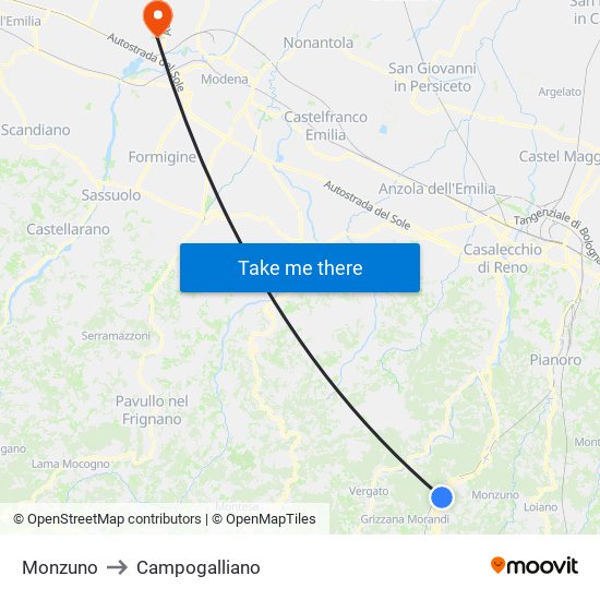 Monzuno to Campogalliano map