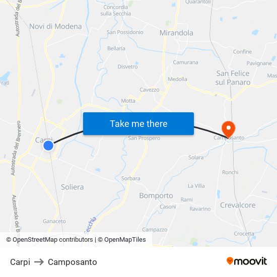 Carpi to Camposanto map