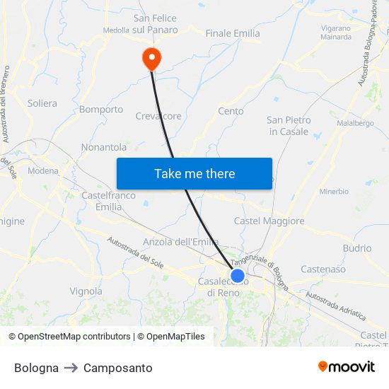 Bologna to Camposanto map