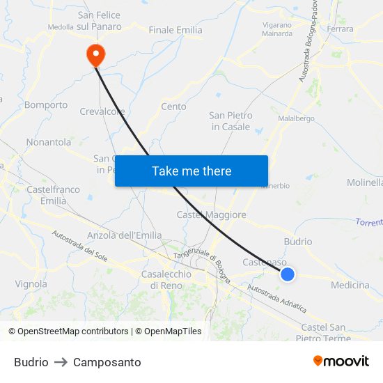 Budrio to Camposanto map