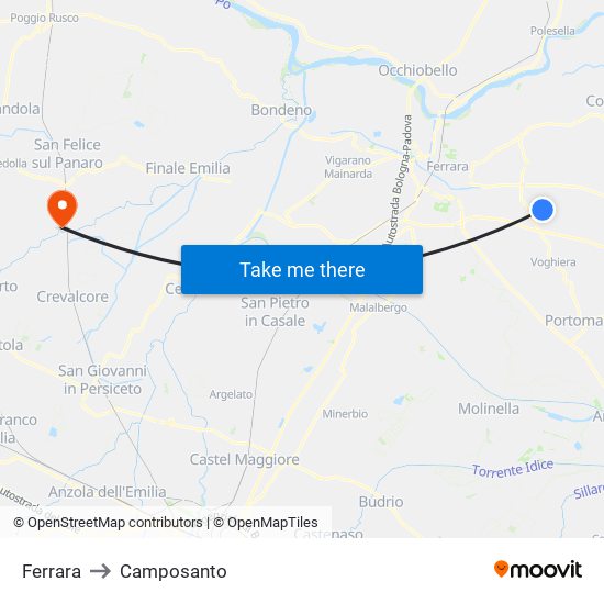 Ferrara to Camposanto map