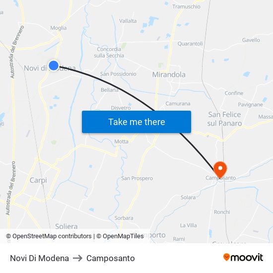 Novi Di Modena to Camposanto map