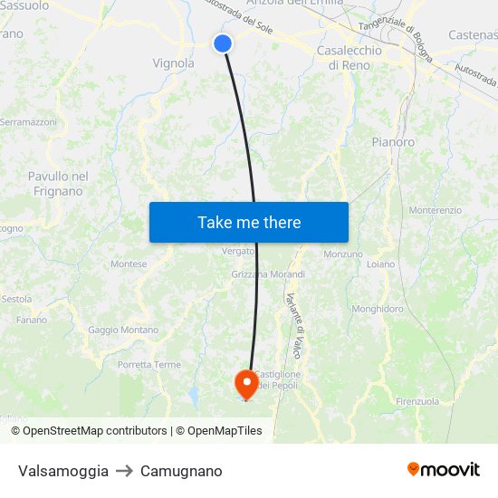 Valsamoggia to Camugnano map