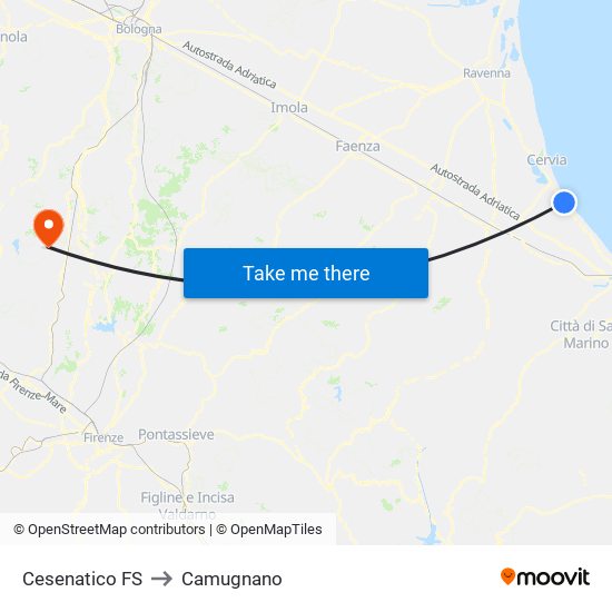 Cesenatico FS to Camugnano map