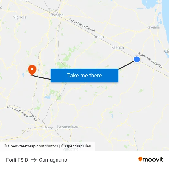 Forli Station D to Camugnano map