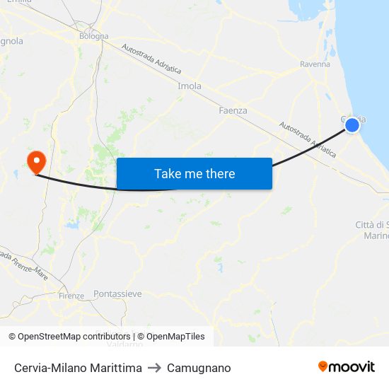 Cervia-Milano Marittima to Camugnano map