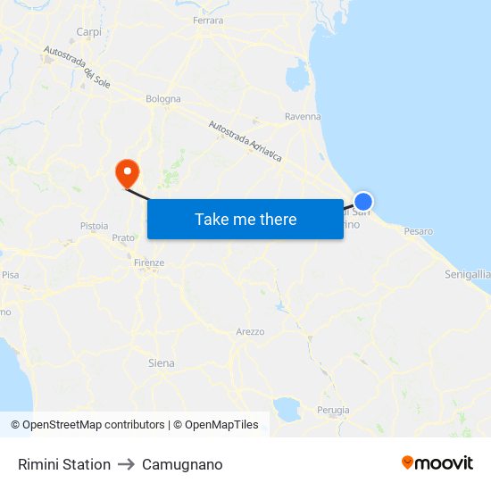 Rimini Station to Camugnano map
