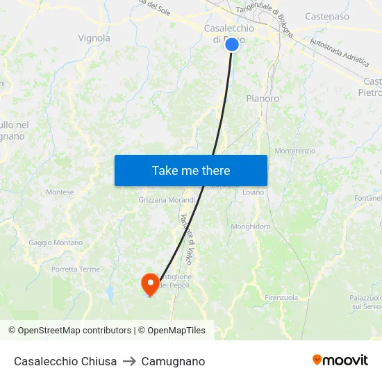 Casalecchio Chiusa to Camugnano map