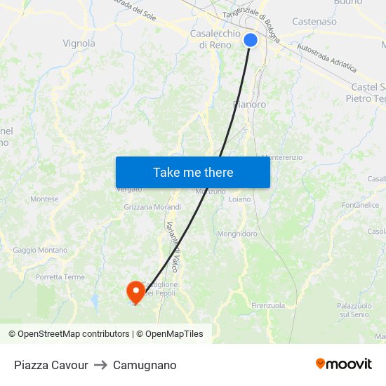 Piazza Cavour to Camugnano map