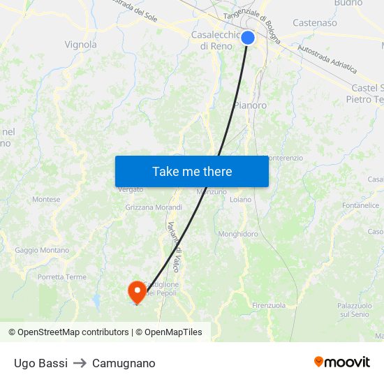 Ugo Bassi to Camugnano map