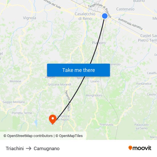Triachini to Camugnano map