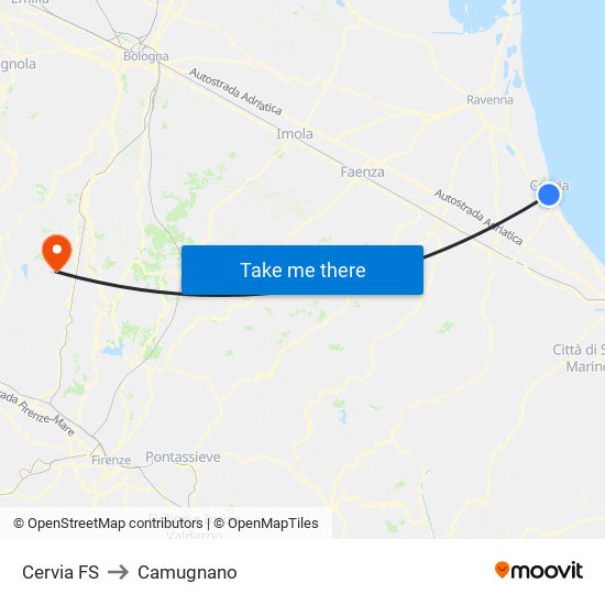 Cervia FS to Camugnano map