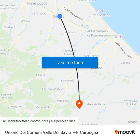 Union of Municipalities of Valle del Savio to Carpegna map