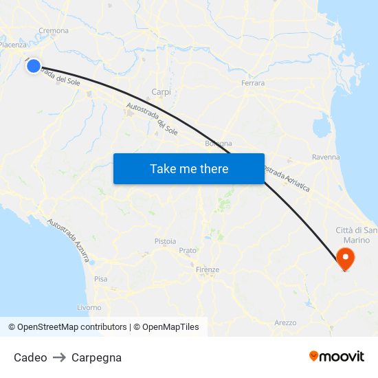 Cadeo to Carpegna map