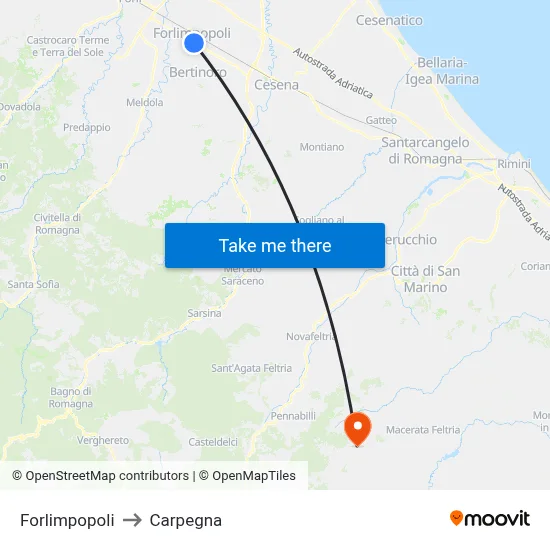 Forlimpopoli to Carpegna map