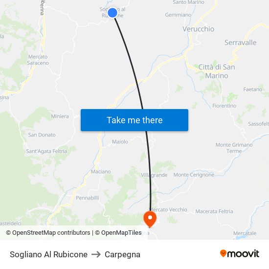 Sogliano Al Rubicone to Carpegna map