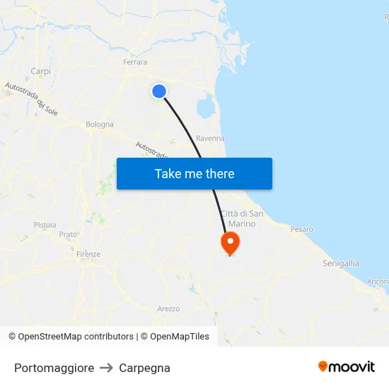 Portomaggiore to Carpegna map