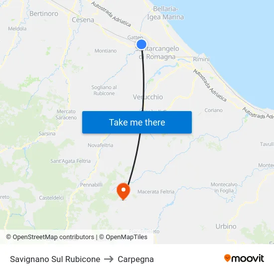 Savignano Sul Rubicone to Carpegna map