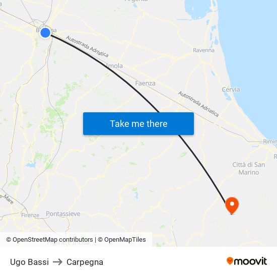Ugo Bassi to Carpegna map