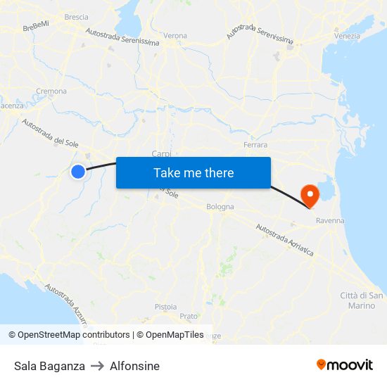 Sala Baganza to Alfonsine map