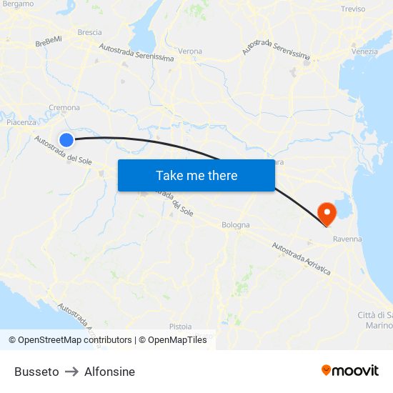 Busseto to Alfonsine map