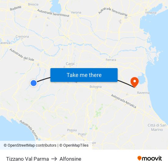 Tizzano Val Parma to Alfonsine map
