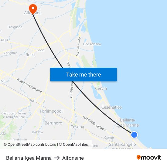 Bellaria-Igea Marina to Alfonsine map