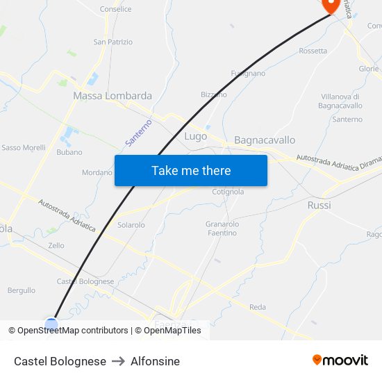 Castel Bolognese to Alfonsine map