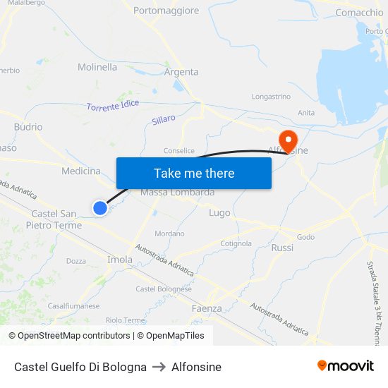 Castel Guelfo Di Bologna to Alfonsine map