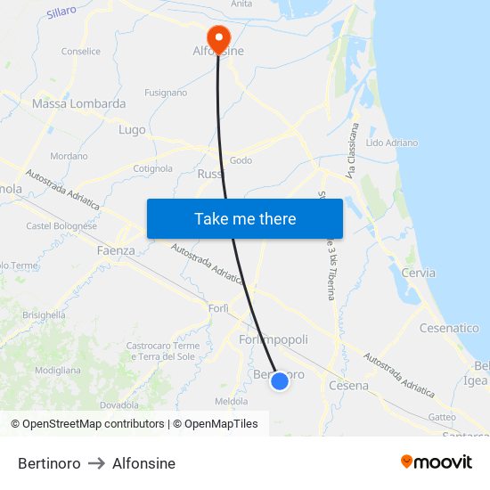 Bertinoro to Alfonsine map
