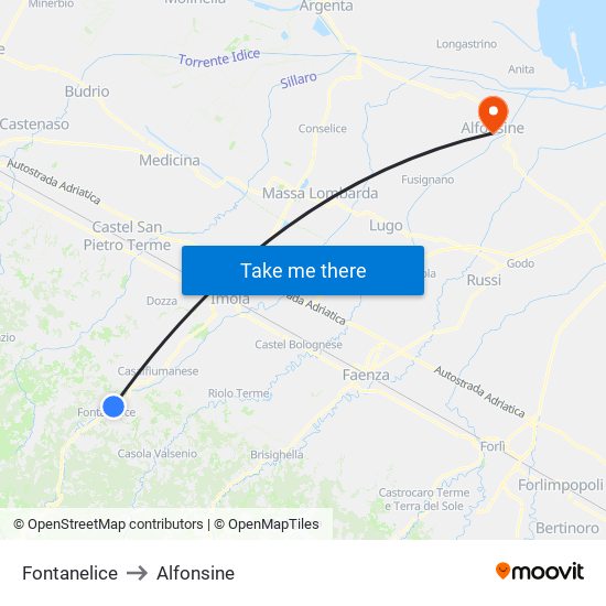 Fontanelice to Alfonsine map