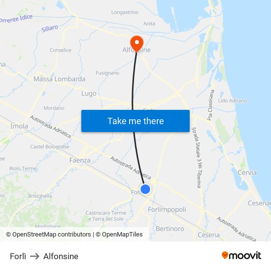 Forlì to Alfonsine map