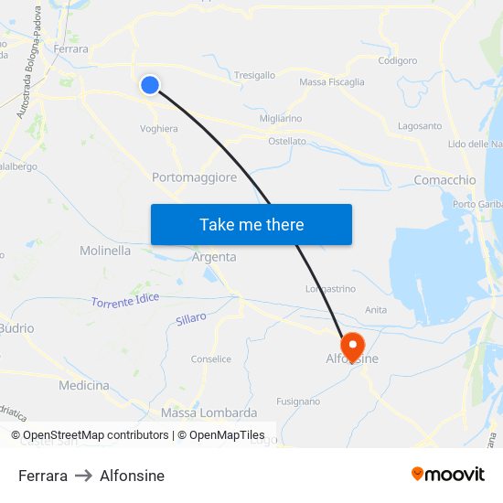 Ferrara to Alfonsine map