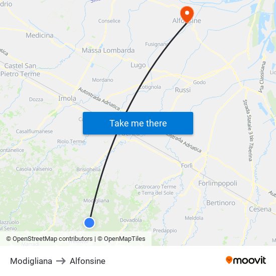 Modigliana to Alfonsine map