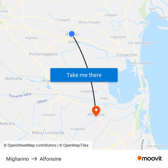 Migliarino to Alfonsine map